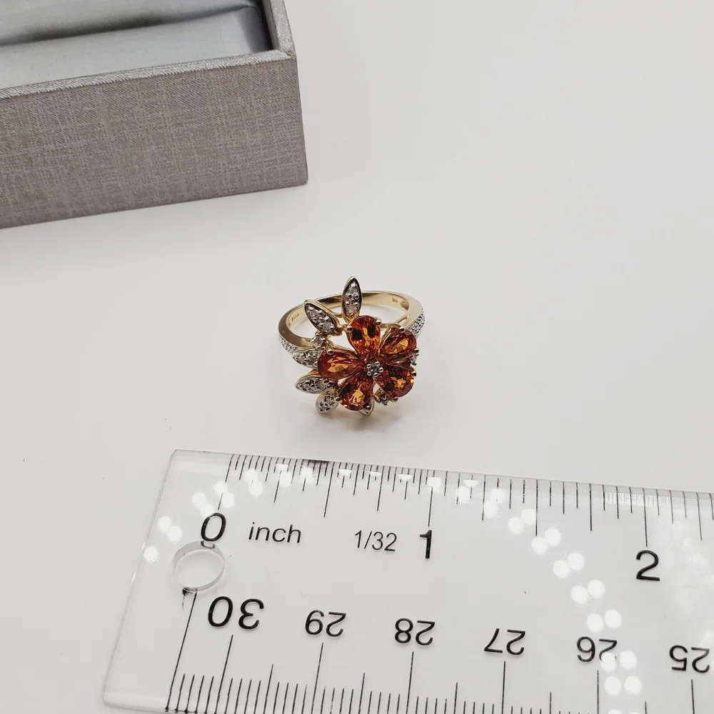 10k Solid Yellow Gold Genuine Spessartite Mandarin Garnet & Diamond Flower Ring